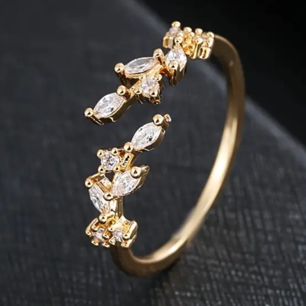 14K Yellow Gold Plated Leaf Zircon Open Ring Adjustable